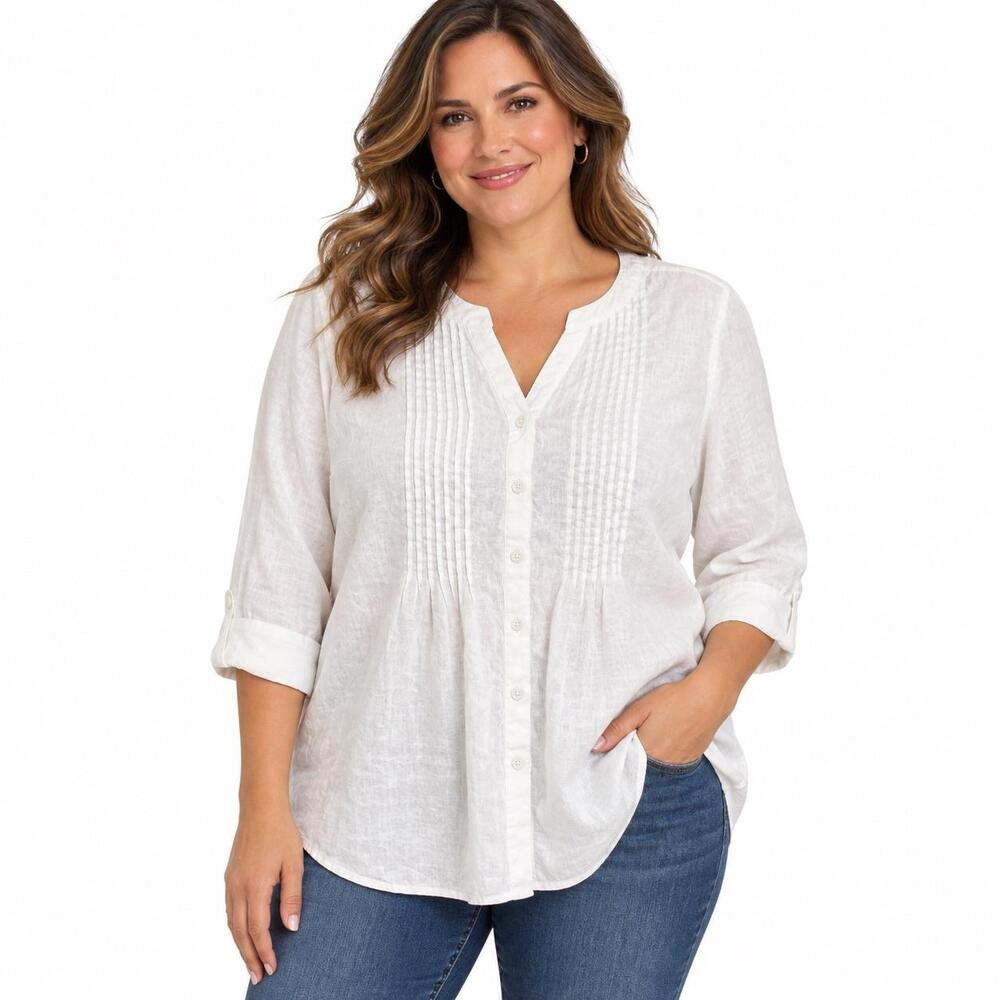 Coldwater Creek Tunic Blouse Womens Petite PXL White Linen V Neck 3/4 Sleeve Top